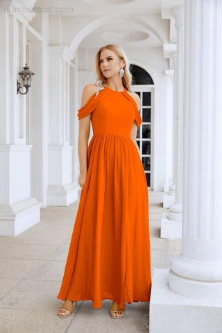 Ladies Chiffon Off Shoulder Swing Sleeve Front Slit Bridesmaid Evening Dress Wedding Party Evening Dress 28117