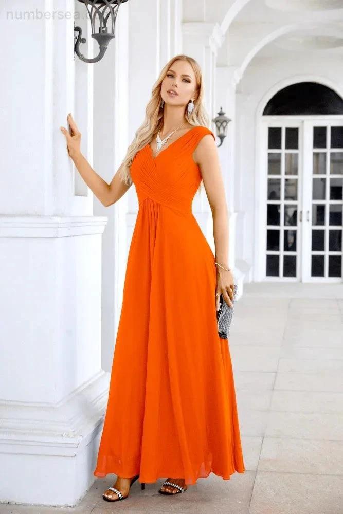 Ladies Chiffon V Neck Sleeveless Floor Length Bridesmaid Evening Dress Wedding Party Evening Dress 28126 by numbersea