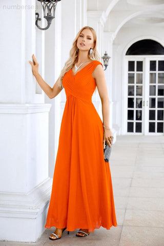 Ladies Chiffon V Neck Sleeveless Floor Length Bridesmaid Evening Dress Wedding Party Evening Dress 28126