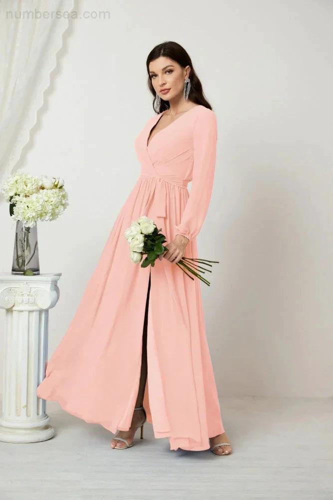 Sunnderly Evening Dresses Deep V-Neck Chiffon Bridesmaid Dresses Long Bishop Sleeve Side Split Formal Dress SY2806 by numbersea
