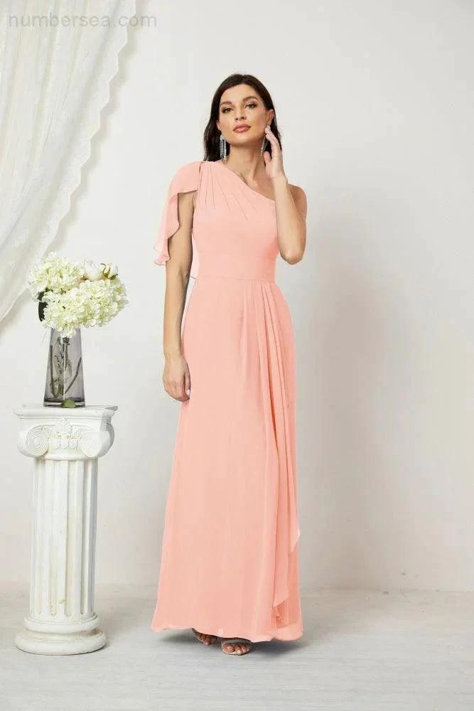 Numbersea Chiffon Ruffled One Shoulder Long Bridesmaid Dresses A-line Formal Evening Gown Side Split 2809 by numbersea