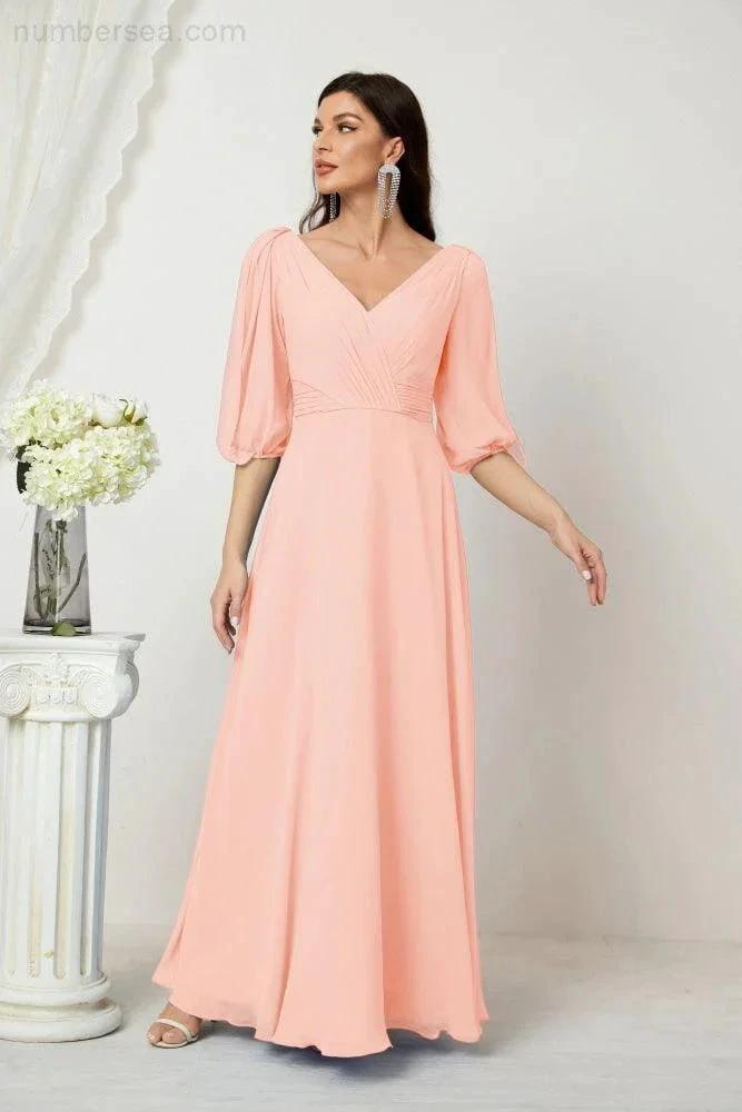 Numbersea Formal Prom Gown Women V-Neck Chiffon Bridesmaid Dresses Long Bishop Sleeve Party Dress 2807 by numbersea