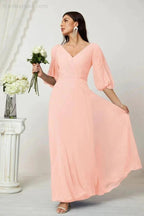 Numbersea Formal Prom Gown Women V-Neck Chiffon Bridesmaid Dresses Long Bishop Sleeve Party Dress 2807 by numbersea