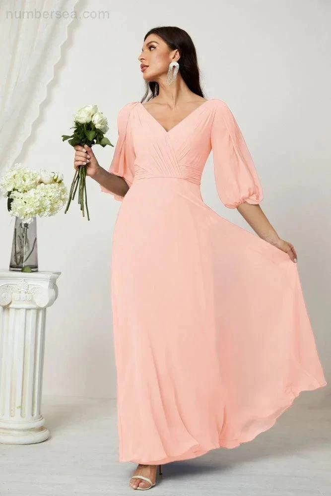 Numbersea Formal Prom Gown Women V-Neck Chiffon Bridesmaid Dresses Long Bishop Sleeve Party Dress 2807 by numbersea