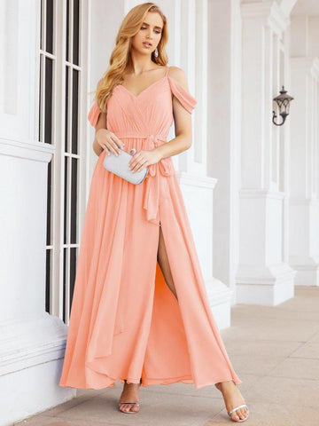 Numbersea Off The Shoulder Chiffon Bridesmaid Dress Long Formal Graduation Gown with Cowl Back 28069