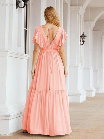 Numbersea Women's Open Back Formal Evening Party Prom Gowns V-Neck Long Chiffon Bridesmaid Dresses with Waist Belt 28038