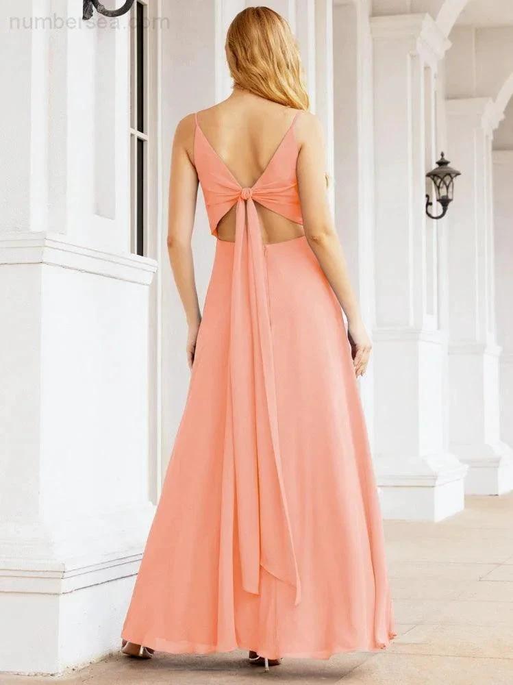 Numbersea Spaghetti Strap Bridesmaid Dresses V Neck Butterfly Back Fromal Evening Party Prom Gown 28036 by numbersea