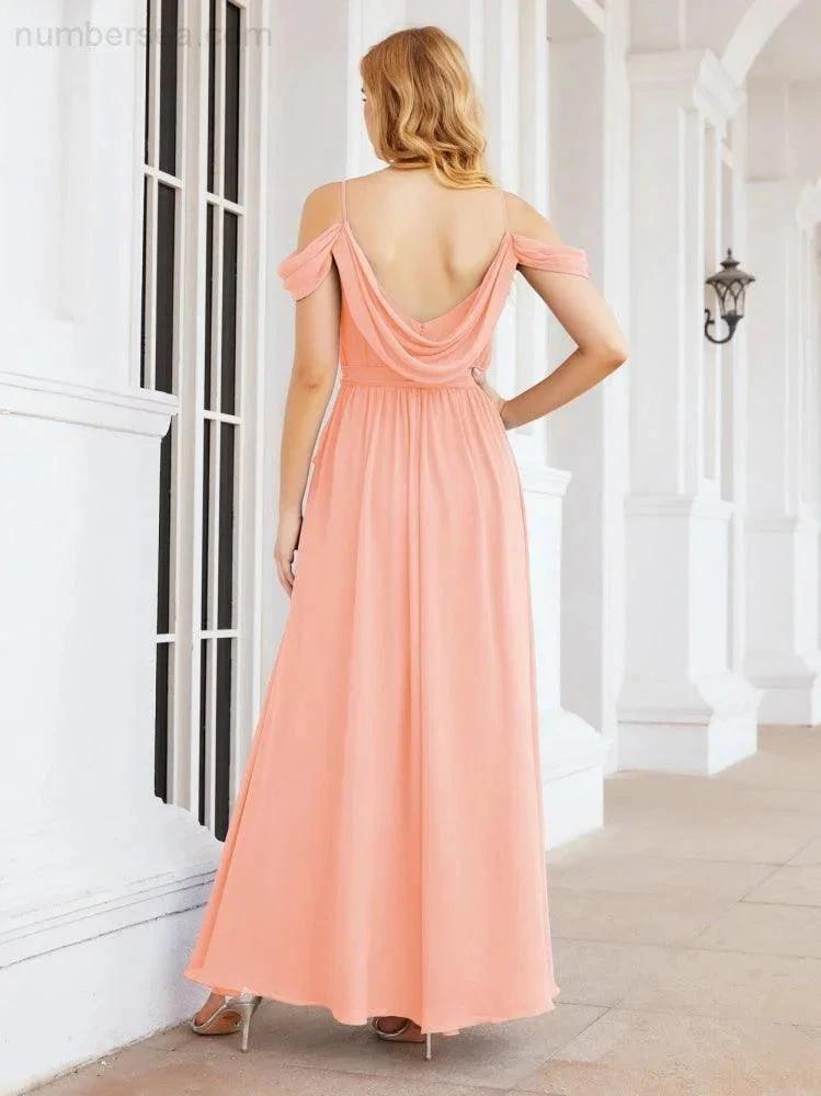 Numbersea Off The Shoulder Chiffon Bridesmaid Dress Long Formal Graduation Gown with Cowl Back 28069 by numbersea