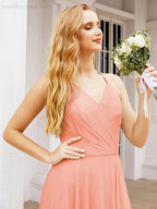 Numbersea Halter Chiffon Bridesmaid Dresses Wedding Appare Sleeveless Formal Prom Dress with Ruffled Back 28035 by numbersea