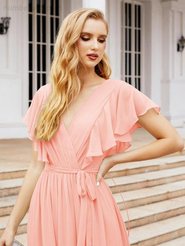 Numbersea Women's Open Back Formal Evening Party Prom Gowns V-Neck Long Chiffon Bridesmaid Dresses with Waist Belt 28038