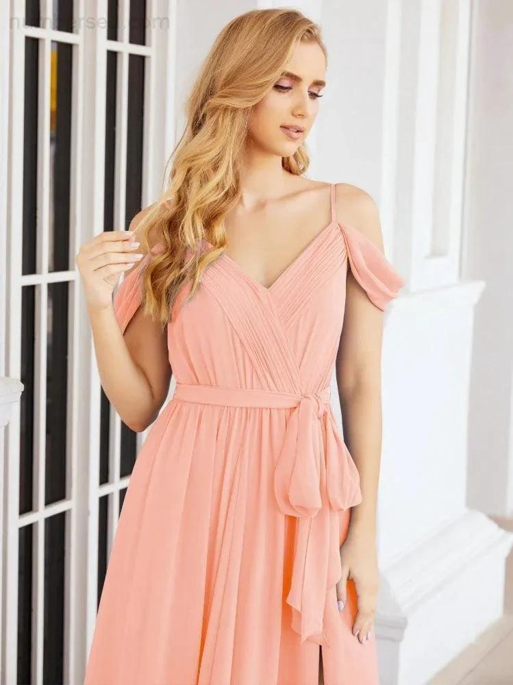 Numbersea Off The Shoulder Chiffon Bridesmaid Dress Long Formal Graduation Gown with Cowl Back 28069 by numbersea