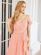 Numbersea Off The Shoulder Chiffon Bridesmaid Dress Long Formal Graduation Gown with Cowl Back 28069 by numbersea