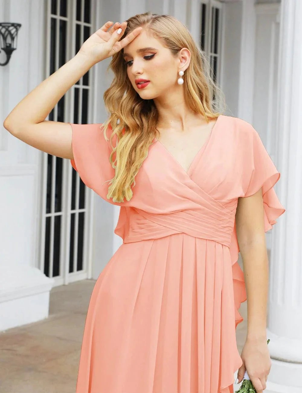 Numbersea Chiffon Bridesmaid Dresses Long Formal Evening Prom Mother of The Bride Dress with Flutter Sleeve SEA28040 by numbersea