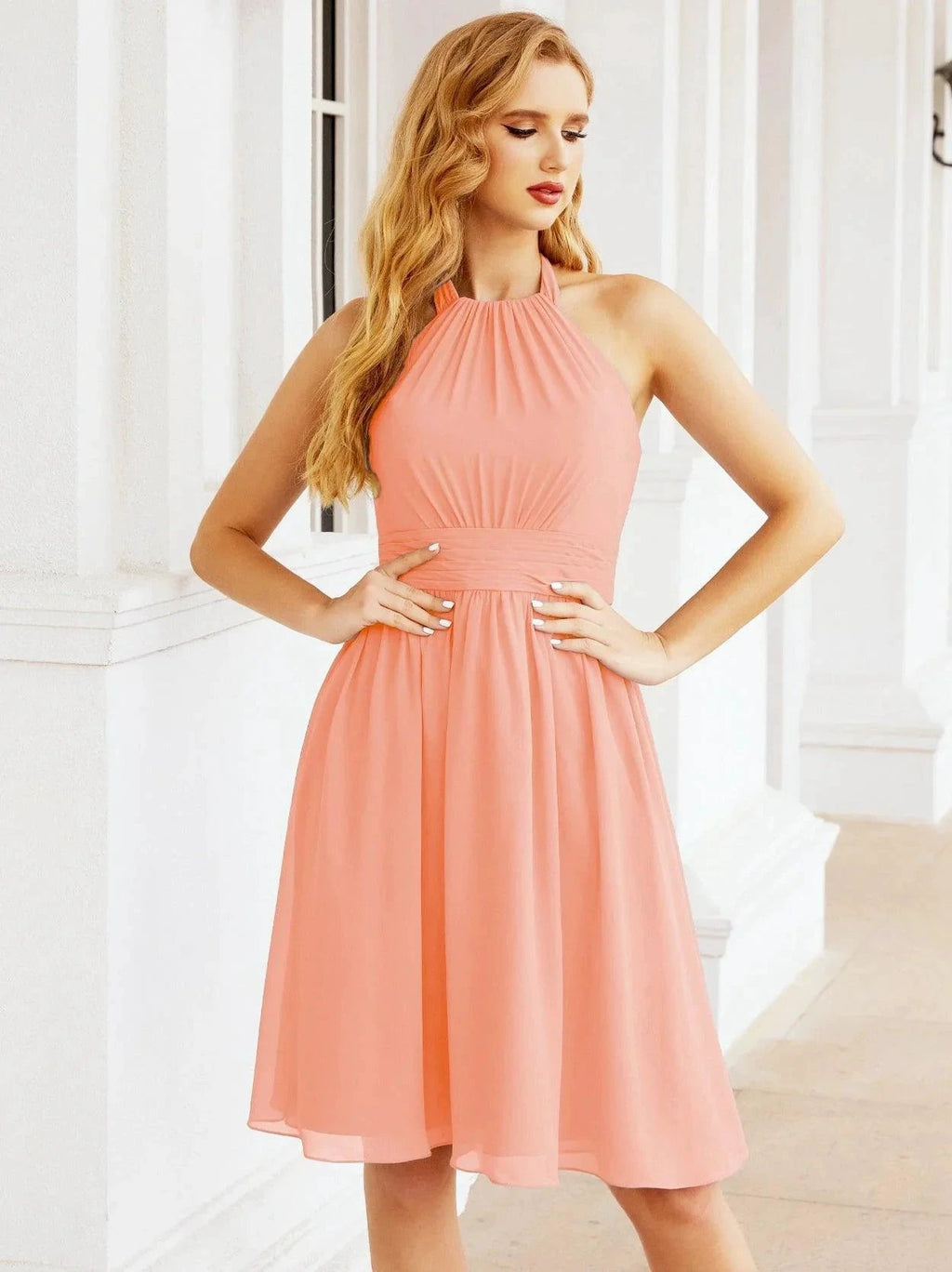 Numbersea Halter Chiffon Bridesmaid Dresses Short Sleeveless Formal Party Dress Open Back 28023 by numbersea
