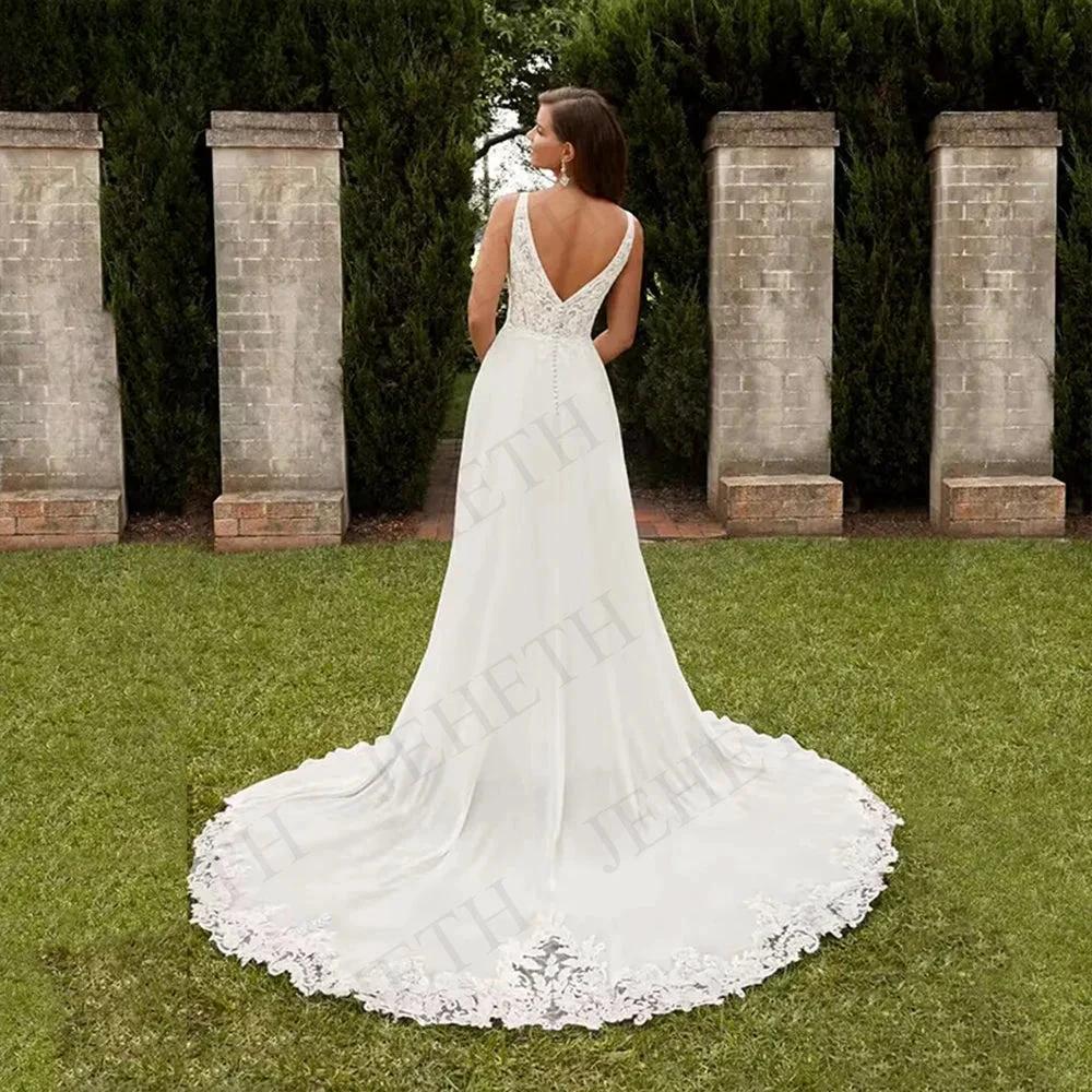Wedding Dresses Vintage A Line Boho Lace V Neck Split Sleeveless Bridal Gown Vestidos De Novia Backless Appliques Women by payinti