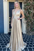 Barbara | Plunging V-Neck Gold Pleated Long Prom Dress by KissProm