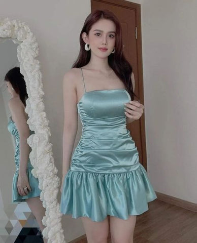 New mint green tight skirt sexy pleated skirt high waist pleated satin dress short homecoming dress Y1903