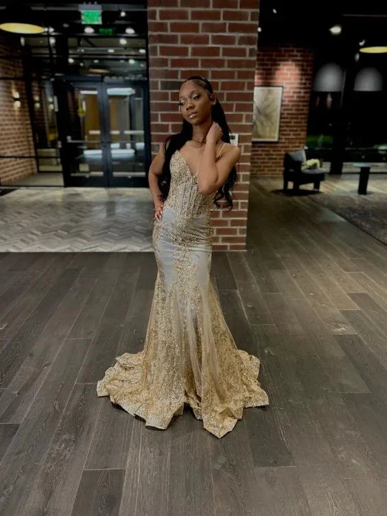 Princess Embroidered Corset Style Gold Mermaid Evening Dress Y5887 by simplepromdress