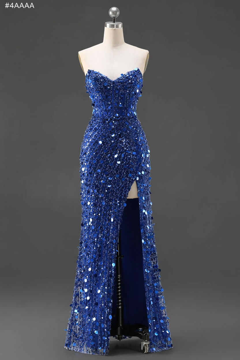 Sparkly Gold Mermaid Sequins Sweetheart Long Corset Prom Dress with Slit