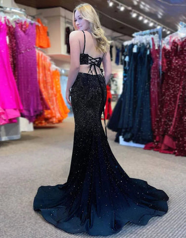 Königsblaues, perlenbesetztes, hochgeschlitztes Meerjungfrau-Ballkleid SYP104