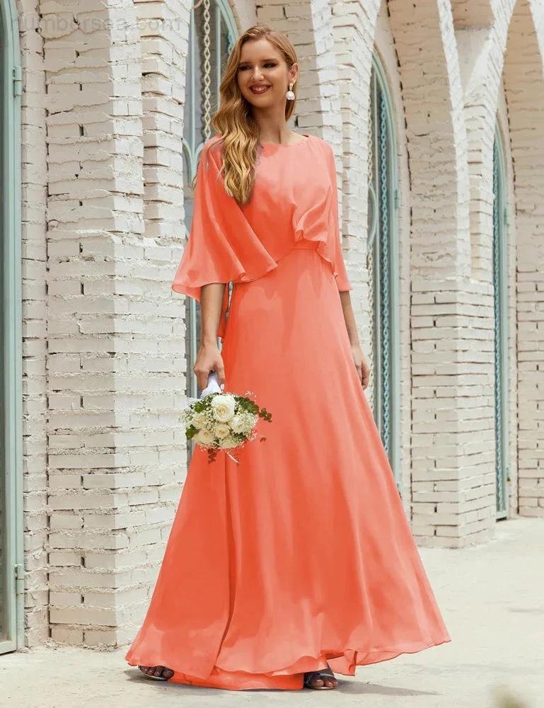 Sunnderly Bridesmaid Dress Women Long Sleeve V-Neck Chiffon Formal Wedding Party Dress SY28018 by numbersea
