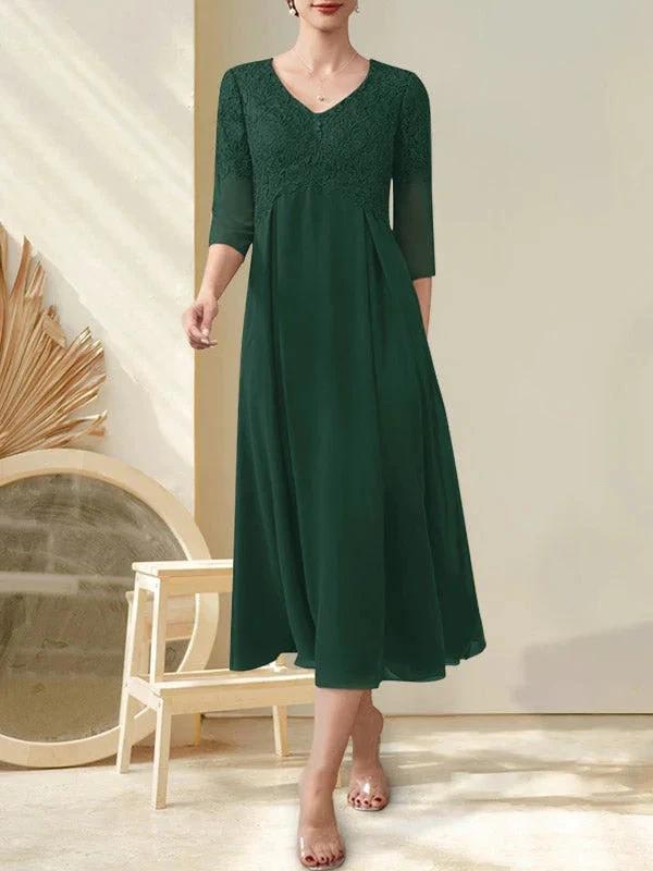 A-line V-Neck Tea-Length Chiffon Lace Mother of the Bride Dress With Beading by Dreamylily