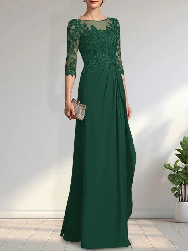 A-line Scoop Illusion Floor-Length Chiffon Lace Mother of the Bride Dress With Beading Sequins Cascading Ruffles by Dreamylily
