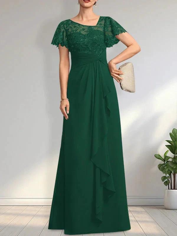 A-line Asymmetrical Illusion Floor-Length Lace Chiffon Mother of the Bride Dress With Cascading Ruffles Sequins by Dreamylily