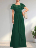 A-line Asymmetrical Illusion Floor-Length Lace Chiffon Mother of the Bride Dress With Cascading Ruffles Sequins by Dreamylily