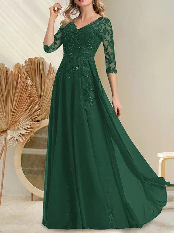 A-line V-Neck Floor-Length Lace Chiffon Mother of the Bride Dress With Sequins by Dreamylily