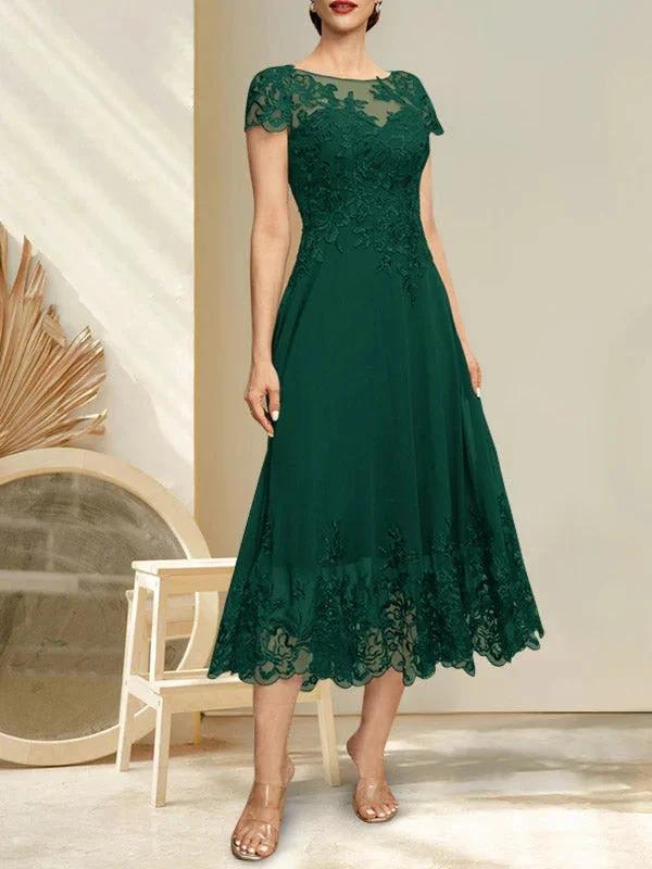 A-line Illusion Scoop Tea-Length Lace Chiffon Mother of the Bride Dress With Sequins by Dreamylily