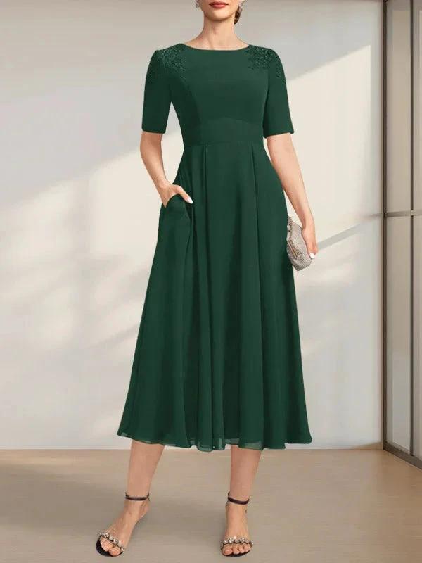 A-line Scoop Tea-Length Chiffon Mother of the Bride Dress With Appliques Lace Sequins by Dreamylily