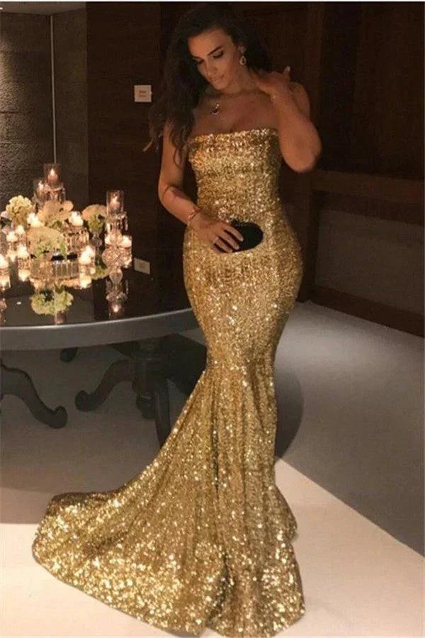 Elegant Long Strapless Sequins Mermaid Evening Prom Dress by BIZTUNNEL