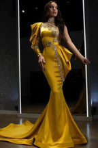 Yellow Halter Mermaid One Shoulder Long Sleeve Prom Dress With Beadings by BIZTUNNEL
