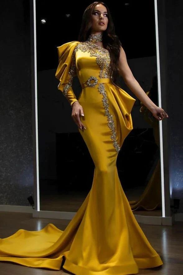 Yellow Halter Mermaid One Shoulder Long Sleeve Prom Dress With Beadings by BIZTUNNEL