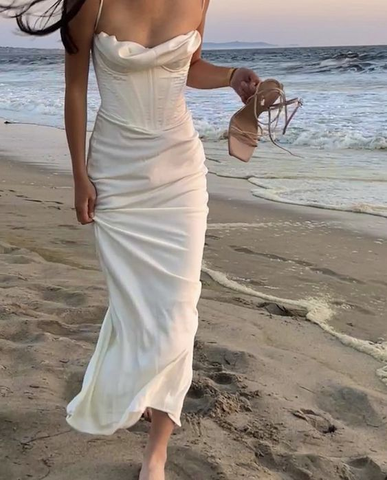 Elegante vestido de noche largo de sirena con tirantes finos en blanco, vestido de fiesta Y7513