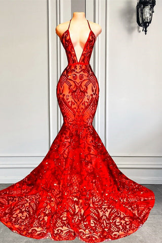 Neckholder, tiefer V-Ausschnitt, offener Rücken, sexy Meerjungfrau-Ballkleid aus Spitze