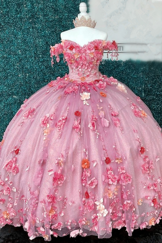 Vestido de quinceañera con hombros descubiertos y flores 3D Y2633