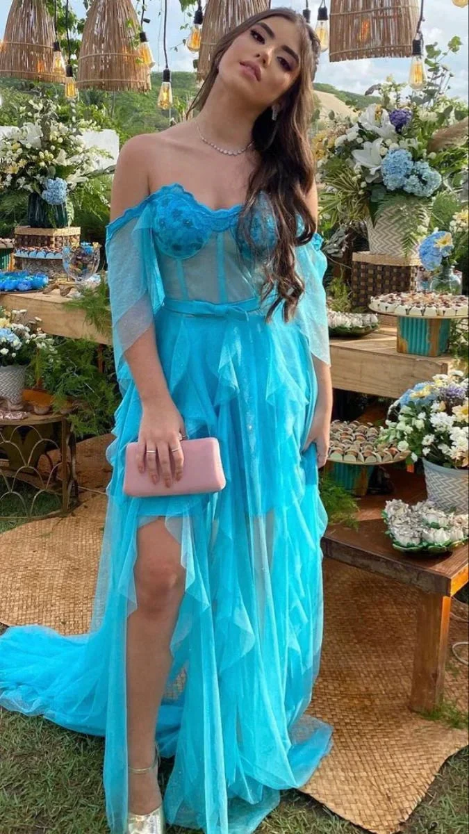 Off The Shoulder Blue Long Prom Dress,Charming Blue Evening Dress Y2395 by simplepromdress