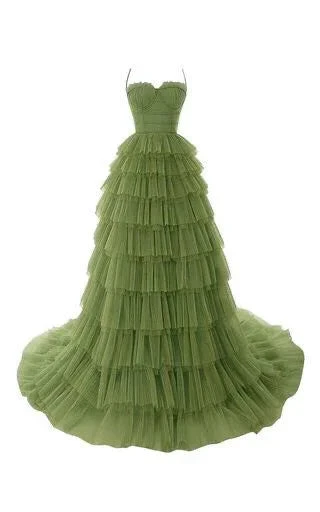 Elegant Spaghetti Straps Tulle Prom Dress,Olive Green Evening Gown Y1244 by simplepromdress