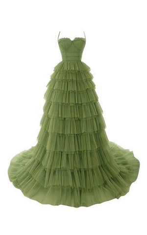 Elegante vestido de fiesta de tul con tirantes finos, vestido de noche verde oliva Y1244