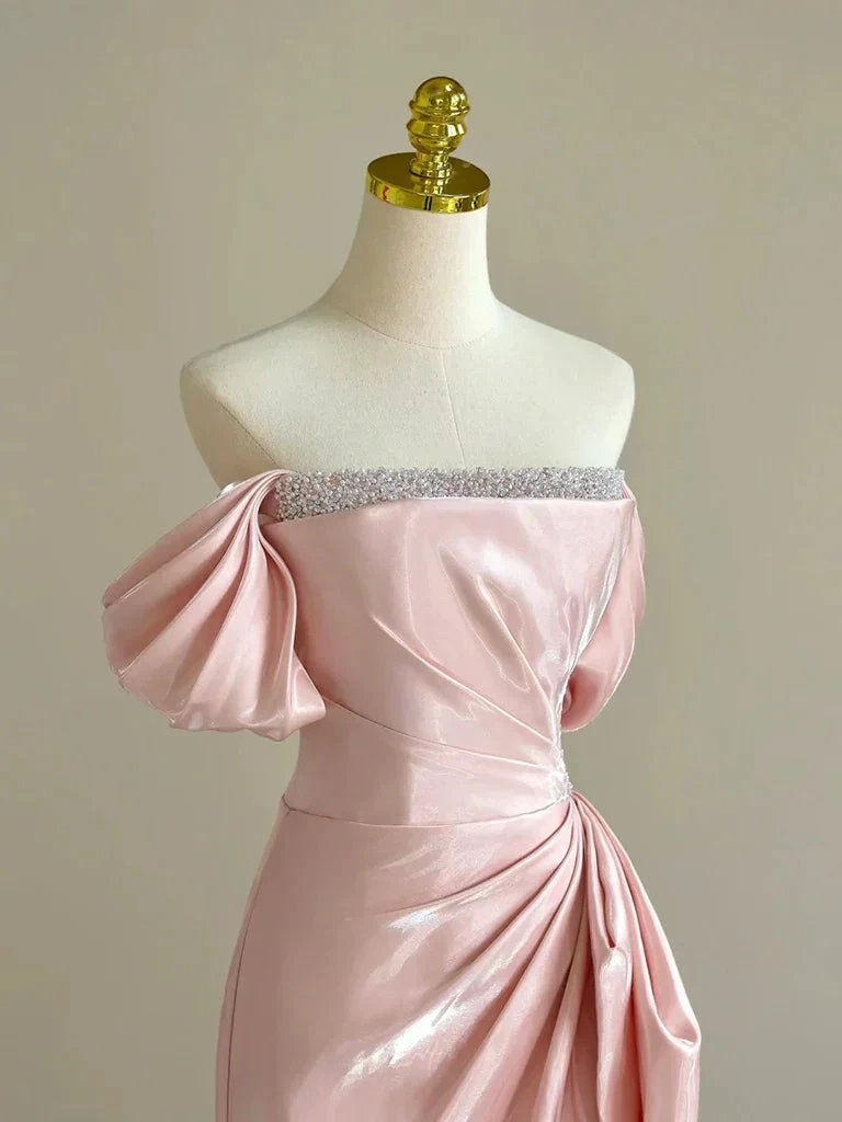 Pretty Off Shoulder Pink Long Prom Dress Formal Evening Dress With Beads Y8049 by simplepromdress