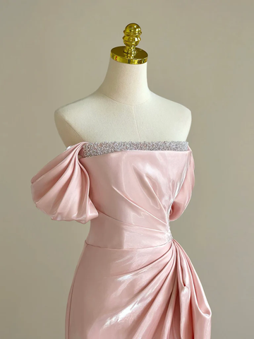 Pretty Off Shoulder Pink Long Prom Dress Formal Evening Dress With Beads Y8049