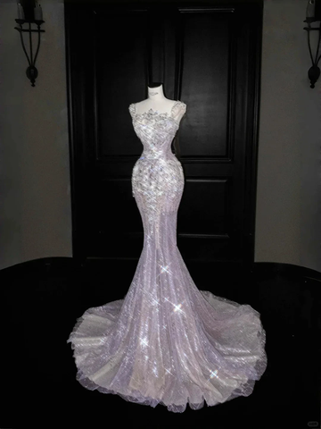 Glamorous Lavender Tulle Beaded Mermaid Prom Dress Formal Evening Dress Y8669 by simplepromdress