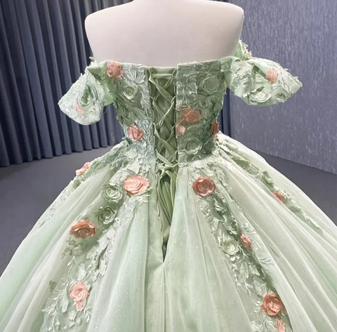 Vestido de gala verde matcha con hombros descubiertos y apliques florales, espalda con cordones brillantes, para quinceañeras, ocasiones especiales, Y2190