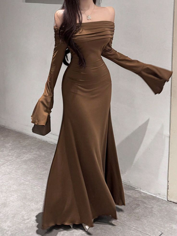 Elegante vestido de noche largo de satén con hombros descubiertos y corte sirena, vestido de fiesta Y7755