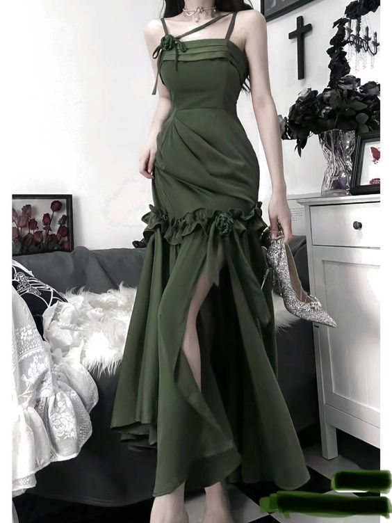 Chic Green Spaghetti Straps Mermaid Prom Dress Green Evening Dress Y5182