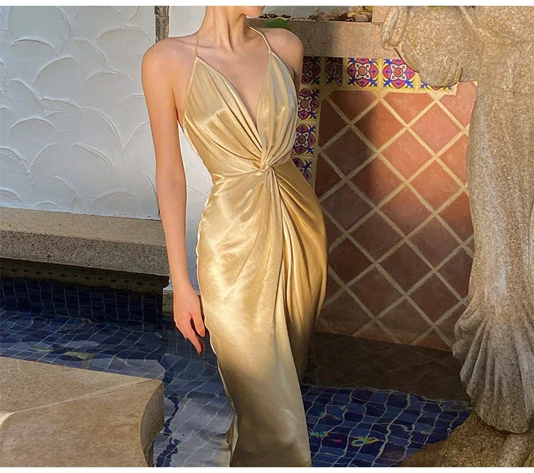 Sexy Halter V Neck Party Dress Champagne Gold Prom Evening Dress Y8211 by simplepromdress
