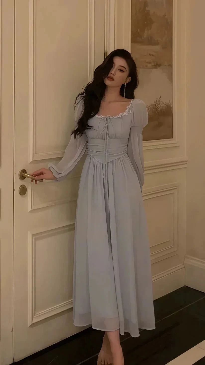 Grey Lace Chiffon Long Sleeves Party Dress Elegant Prom Evening Dress Y8021 by simplepromdress