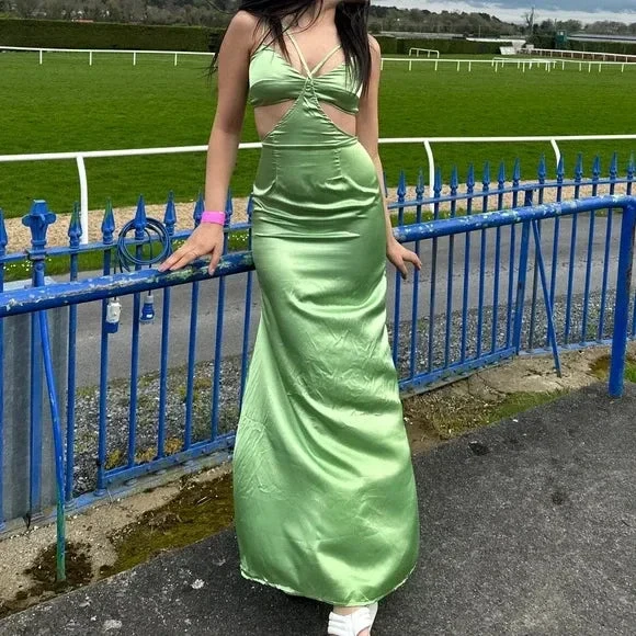 Sexy Green Long Satin Cut Out Prom Dress Long Evening Dress Y8549 by simplepromdress